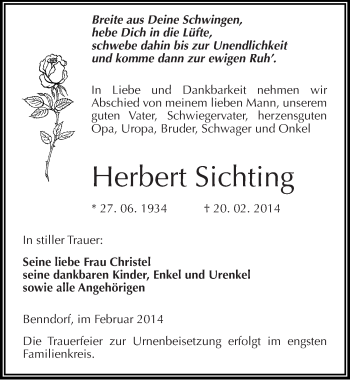 Traueranzeige von Herbert Sichting von Mitteldeutsche Zeitung Mansfelder Land