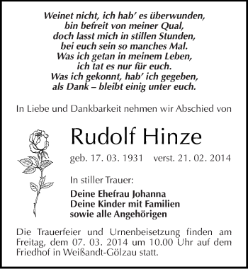 Traueranzeige von Rudolf Hinze von Mitteldeutsche Zeitung Köthen