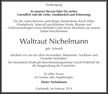 Traueranzeige von Waltraut Nichelmann von Mitteldeutsche Zeitung Mansfelder Land