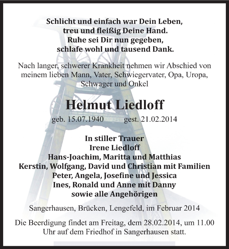  Traueranzeige für Helmut Liedloff vom 25.02.2014 aus Mitteldeutsche Zeitung
