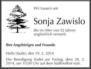 Traueranzeige von Sonja Zawislo von Mitteldeutsche Zeitung Halle/Saalkreis