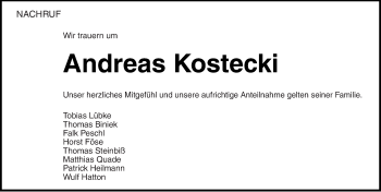 Traueranzeige von Andreas Kostecki von Mitteldeutsche Zeitung Dessau-Roßlau