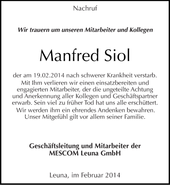 Traueranzeige von Manfred Siol von Mitteldeutsche Zeitung Merseburg/Querfurt
