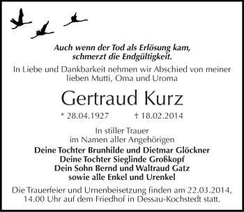 Traueranzeige von Gertraud Kurz von Mitteldeutsche Zeitung Dessau-Roßlau