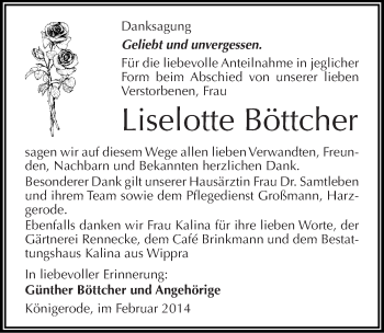 Traueranzeige von Liselotte Böttcher von Mitteldeutsche Zeitung Quedlinburg