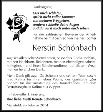 Traueranzeige von Kerstin Schönbach von Mitteldeutsche Zeitung Mansfelder Land