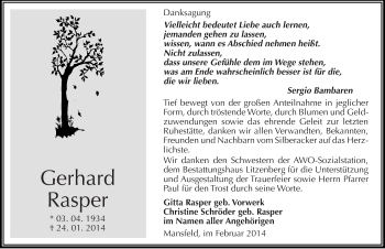 Traueranzeige von Gerhard Rasper von Mitteldeutsche Zeitung Mansfelder Land
