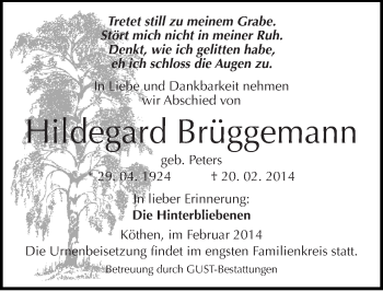 Traueranzeige von Hildegard Brüggemann von Mitteldeutsche Zeitung Köthen
