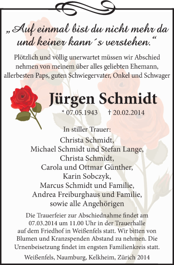Traueranzeige von Jürgen Schmidt von Mitteldeutsche Zeitung