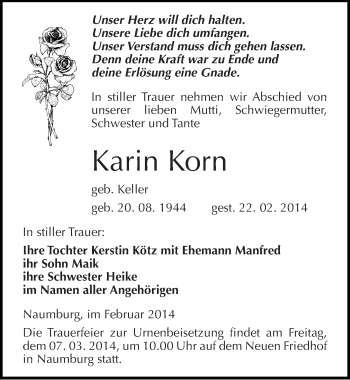 Traueranzeige von Karin Korn von Mitteldeutsche Zeitung Naumburg/Nebra
