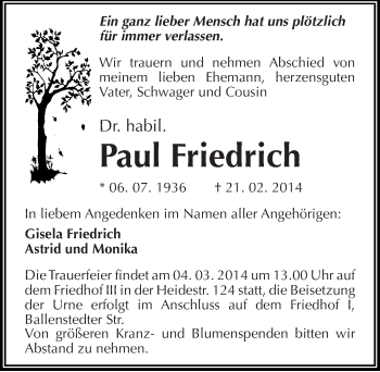 Traueranzeige von Paul Friedrich von Mitteldeutsche Zeitung Dessau-Roßlau