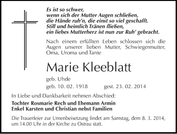 Traueranzeige von Marie Kleeblatt von Mitteldeutsche Zeitung Halle/Saalkreis