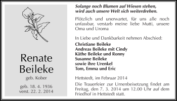 Traueranzeige von Renate Beileke von Mitteldeutsche Zeitung Mansfelder Land