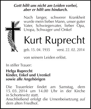 Traueranzeige von Kurt Ruprecht von Mitteldeutsche Zeitung Köthen
