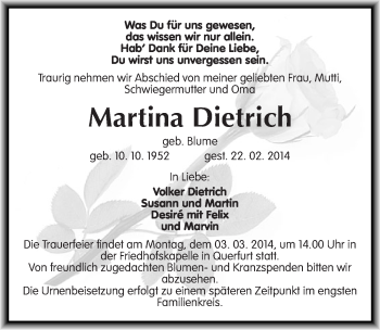 Traueranzeige von Martina Dietrich von Mitteldeutsche Zeitung Merseburg/Querfurt