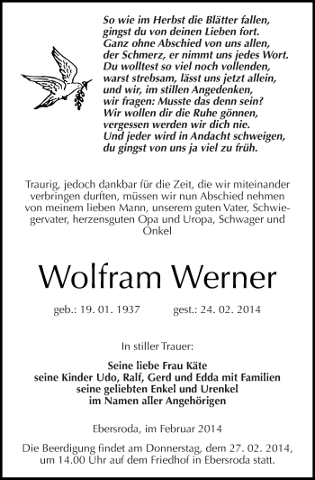 Traueranzeige von Wolfram Werner von Mitteldeutsche Zeitung Naumburg/Nebra