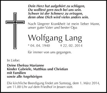 Traueranzeige von Wolfgang Lang von Mitteldeutsche Zeitung Wittenberg