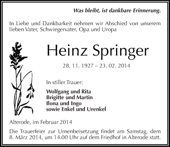 Traueranzeige von Heinz Springer von Mitteldeutsche Zeitung Mansfelder Land