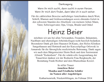 Traueranzeige von Heinz Beier von Mitteldeutsche Zeitung Sangerhausen