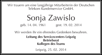 Traueranzeige von Sonja Zawislo von Mitteldeutsche Zeitung Halle/Saalkreis