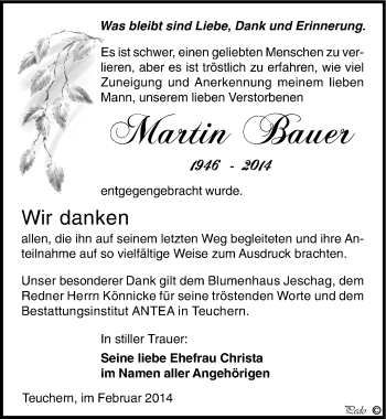 Traueranzeige von Martin Bauer von Mitteldeutsche Zeitung Weißenfels