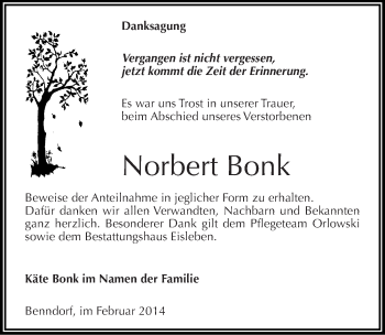 Traueranzeige von Norbert Bonk von Mitteldeutsche Zeitung Mansfelder Land