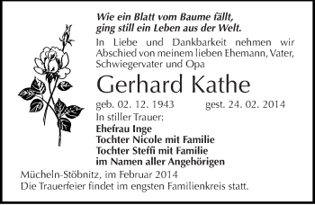 Traueranzeige von Gerhard Kathe von Mitteldeutsche Zeitung Merseburg/Querfurt