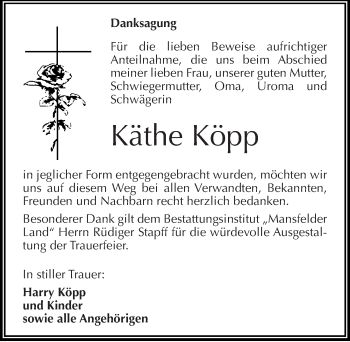 Traueranzeige von Käthe Köpp von Mitteldeutsche Zeitung Mansfelder Land