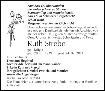 Traueranzeige von Ruth Strebe von Mitteldeutsche Zeitung Naumburg/Nebra