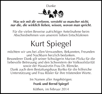 Traueranzeige von Kurt Spiegel von Mitteldeutsche Zeitung Köthen