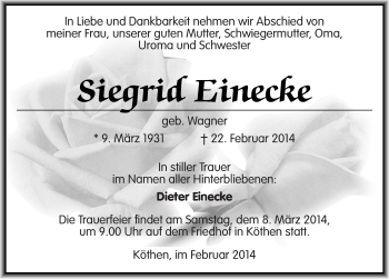 Traueranzeige von Siegrid Einecke von Mitteldeutsche Zeitung Köthen