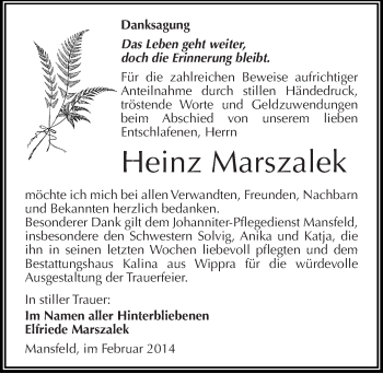 Traueranzeige von Heinz Marszalek von Mitteldeutsche Zeitung Mansfelder Land