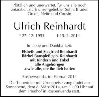 Traueranzeige von Ulrich Reinhardt von Mitteldeutsche Zeitung Sangerhausen