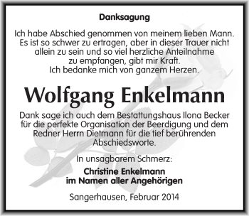 Traueranzeige von Wolfgang Enkelmann von Mitteldeutsche Zeitung Sangerhausen