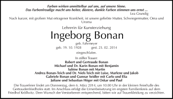 Traueranzeige von Ingeborg Bonan von Mitteldeutsche Zeitung Halle/Saalkreis
