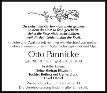 Traueranzeige von Otto Pannicke von Mitteldeutsche Zeitung Köthen