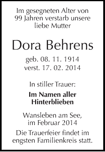 Traueranzeige von Dora Behrens von Mitteldeutsche Zeitung Mansfelder Land