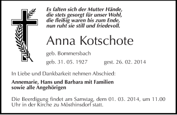 Traueranzeige von Anna Kotschote von Mitteldeutsche Zeitung Halle/Saalkreis