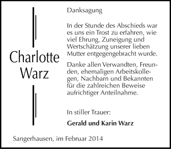 Traueranzeige von Charlotte Warz von Mitteldeutsche Zeitung Sangerhausen