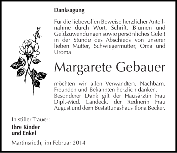 Traueranzeige von Margarete Gebauer von Mitteldeutsche Zeitung Sangerhausen