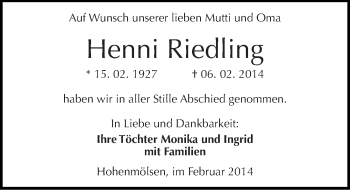Traueranzeige von Henni Riedling von Mitteldeutsche Zeitung Weißenfels