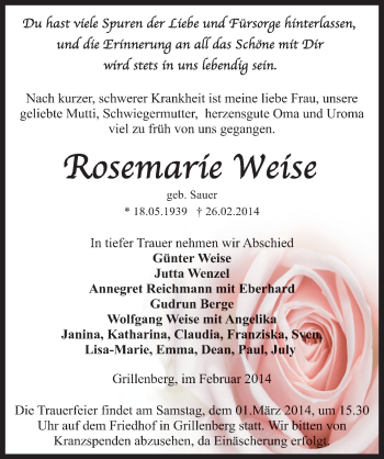 Traueranzeige von Rosemarie Weise von Mitteldeutsche Zeitung Sangerhausen