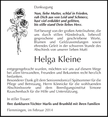Traueranzeige von Helga Kleine von Mitteldeutsche Zeitung Naumburg/Nebra
