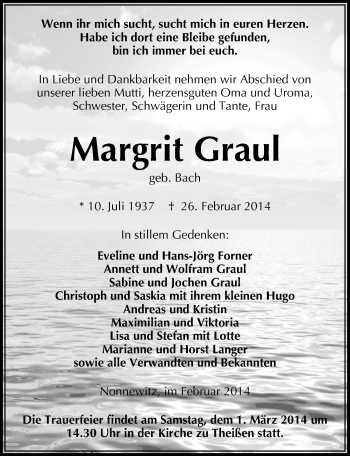 Traueranzeige von Margrit Graul von Mitteldeutsche Zeitung Zeitz