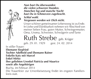 Traueranzeige von Ruth Strebe von Mitteldeutsche Zeitung Naumburg/Nebra