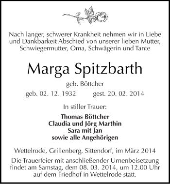 Traueranzeige von Marga Spitzbarth von Mitteldeutsche Zeitung Sangerhausen