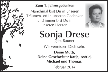 Traueranzeige von Sonja Drese von WVG - Wochenspiegel NMB / WSF / ZTZ