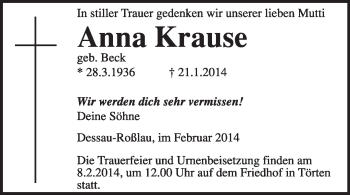 Traueranzeige von Anna Krause von Super Sonntag Dessau / Köthen