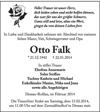 Traueranzeige von Otto Falk von Super Sonntag Dessau / Köthen