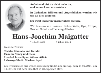 Traueranzeige von Hans-Joachim Maigatter von Super Sonntag Bernburg